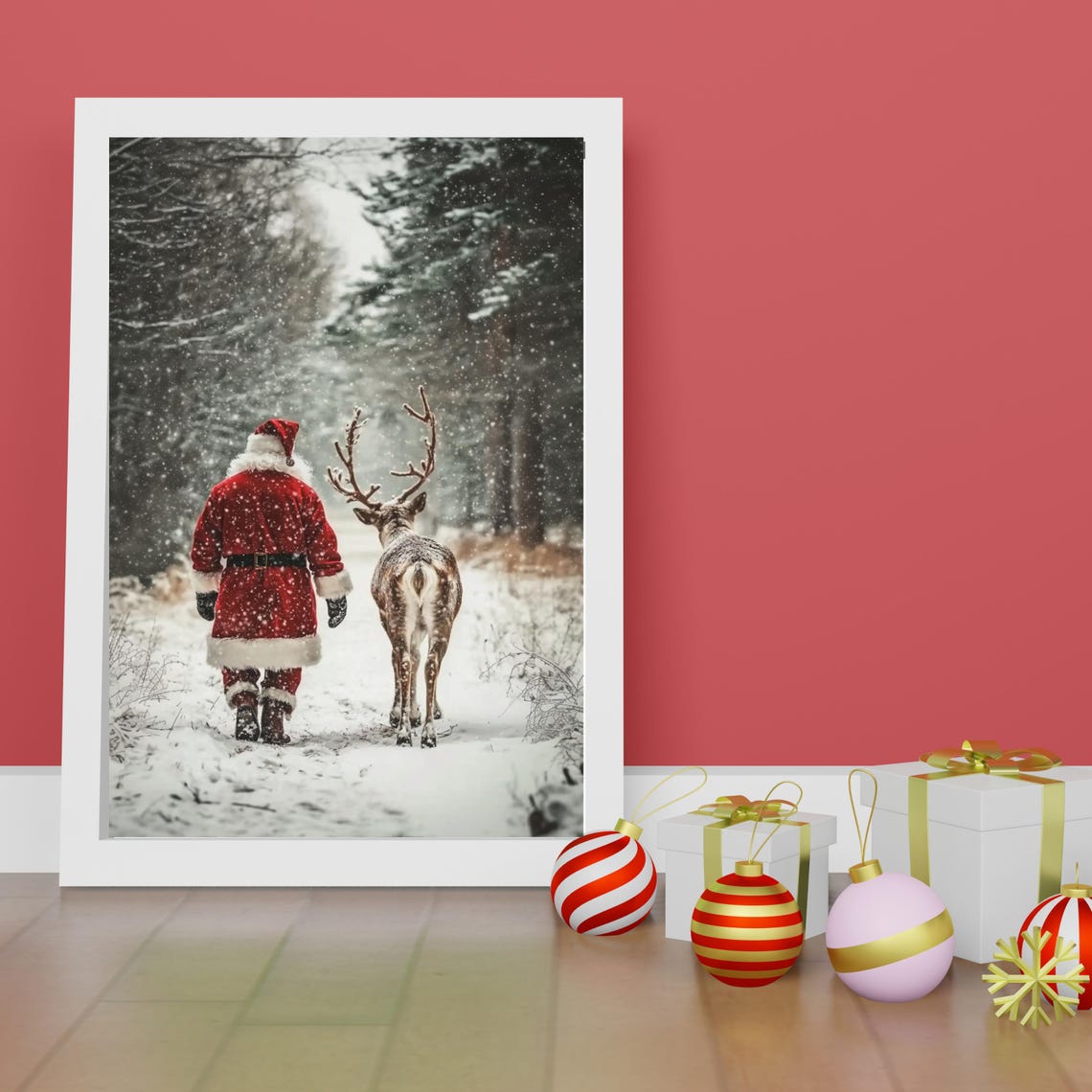 Santa Claus Walking Reindeer Snowy Forest Christmas Art Poster - Image 6