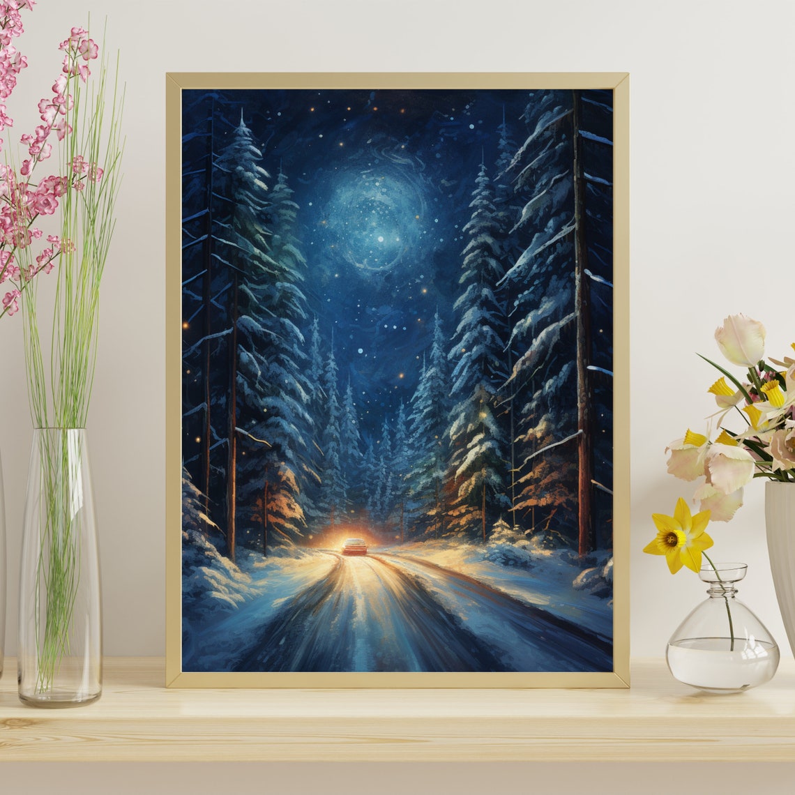 Starry Night Snowy Forest Road with Car Headlights Painting Poster - Image 5