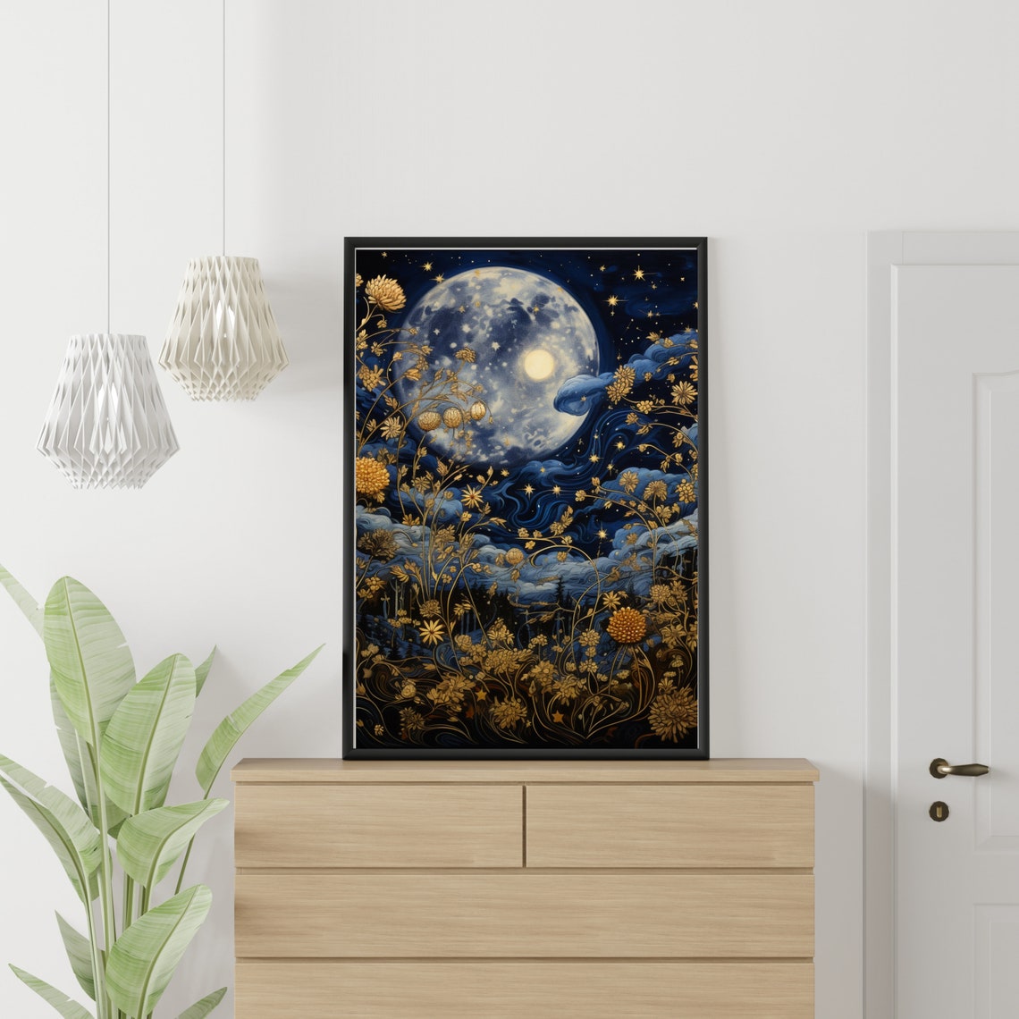 Enchanted Night Sky with Full Moon and Golden Flowers Poster - Image 6