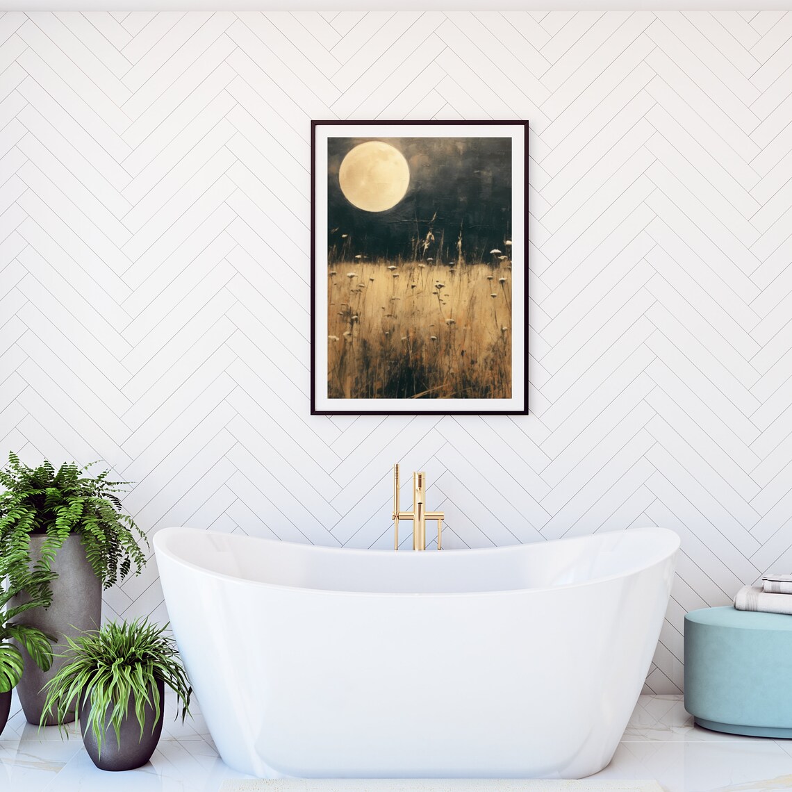 Full Moon Over Golden Meadow Vintage Night Sky Oil Painting Poster - Image 5