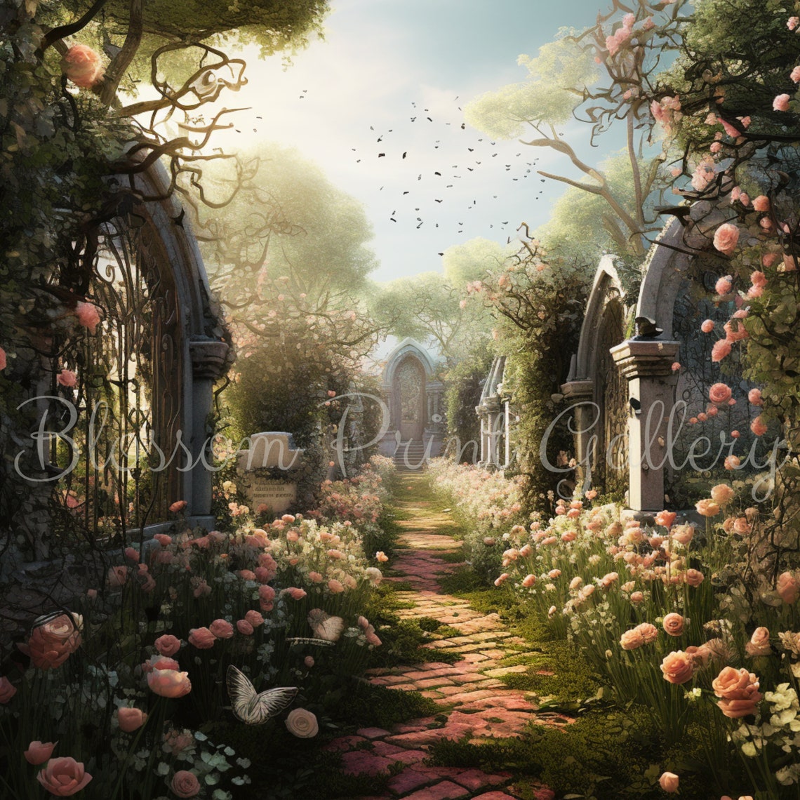 Enchanted Rose Garden Path With Stone Arches And Blooming Roses Print - Image 3