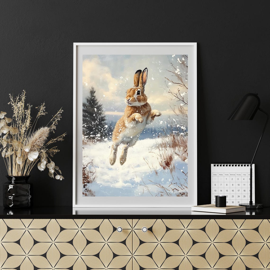 Leaping Rabbit In Falling Snow Winter Wildlife Painting Poster - Image 4