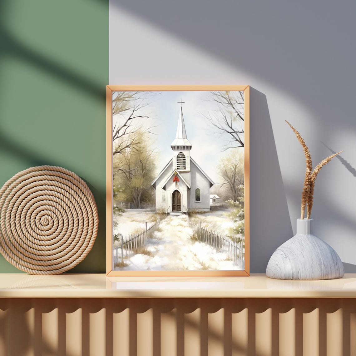 Snowy White Country Church Winter Landscape Watercolor Poster - Image 3