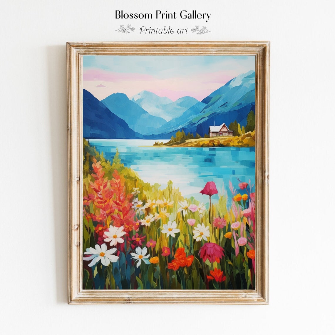Bright Alpine Lake Cabin Wildflower Meadow Mountain Summer Poster