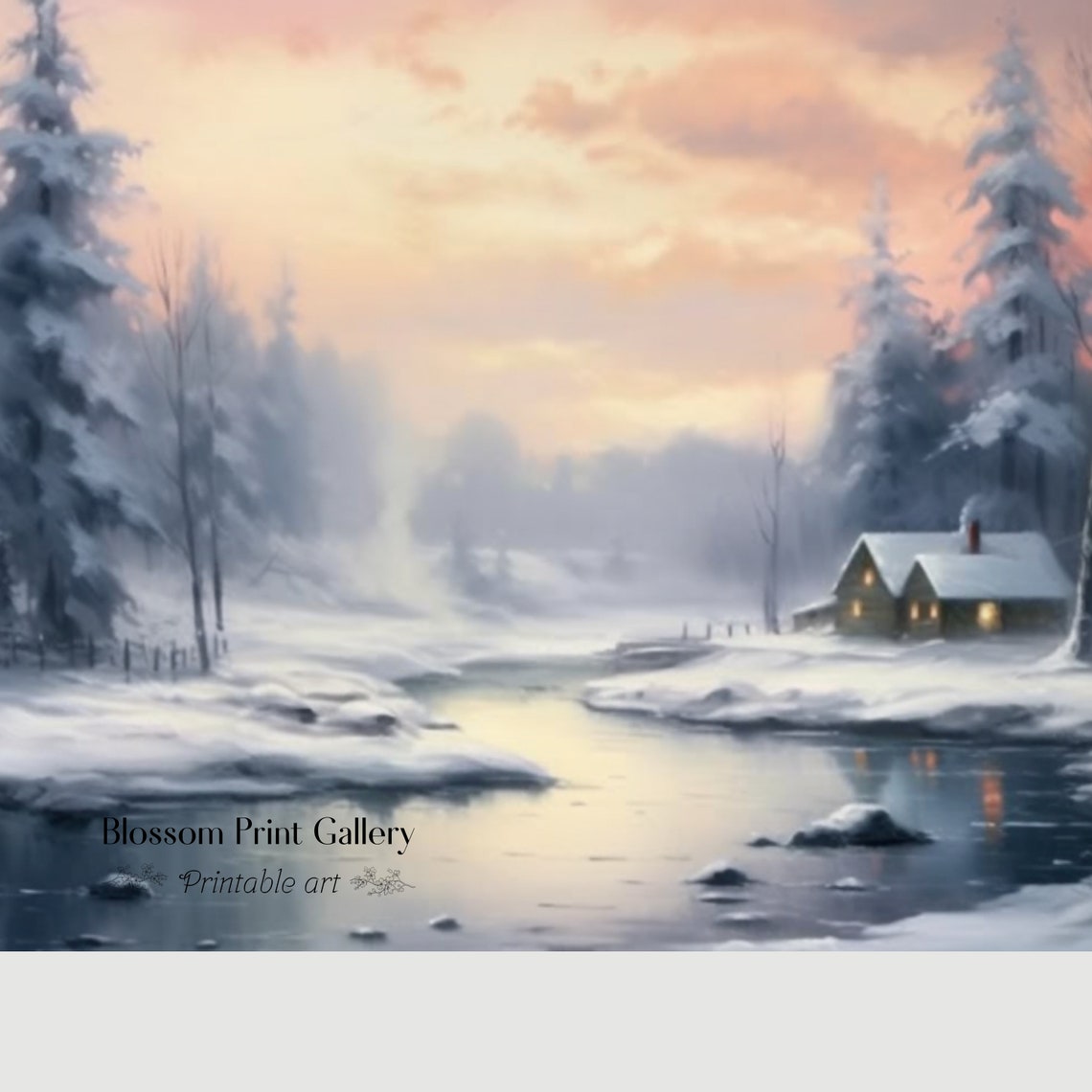 Winter Cabin by Frozen River at Pink Sunset Landscape Painting Poster - Image 4
