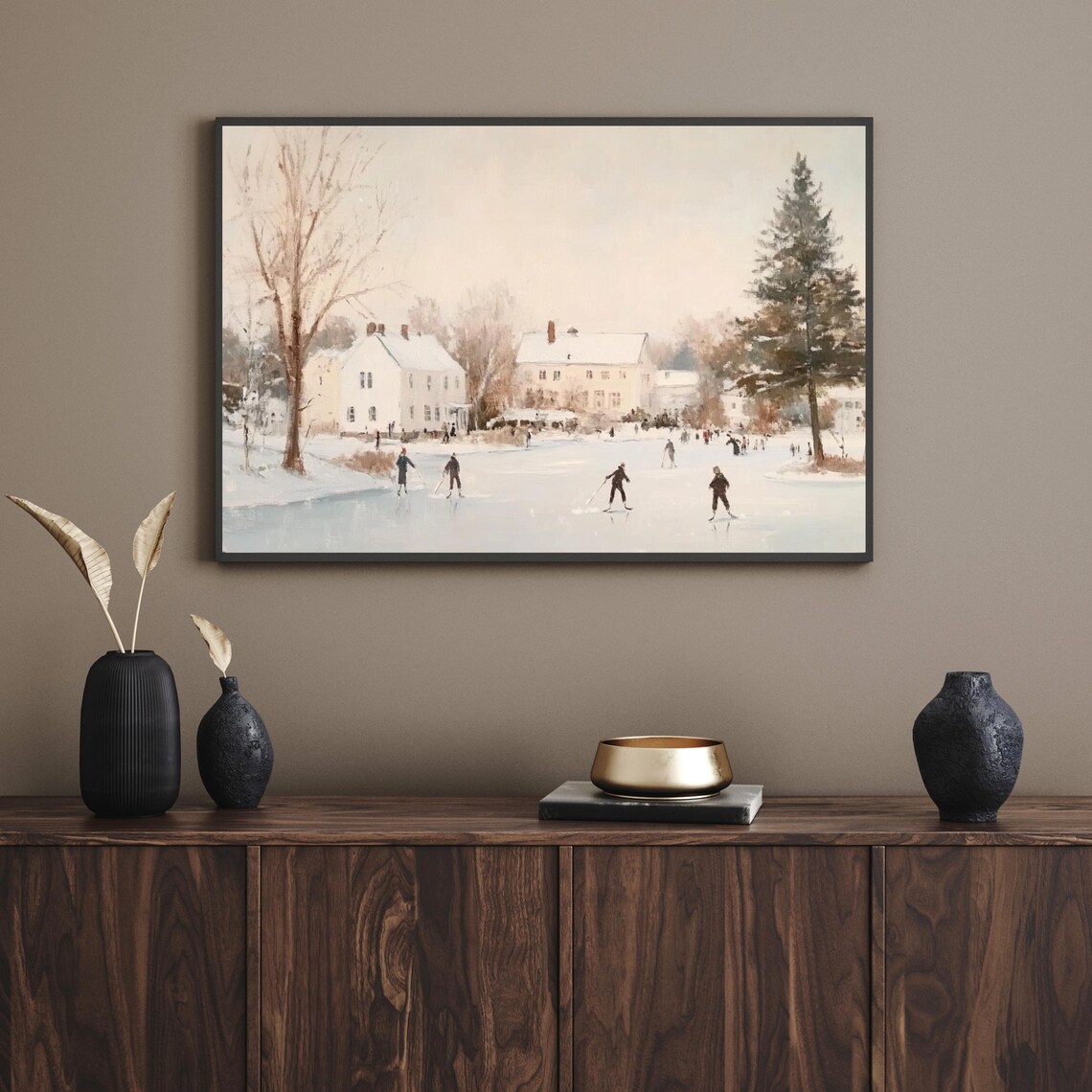 Ice Skaters Frozen Pond Manor Vintage Winter Landscape Art Poster - Image 6