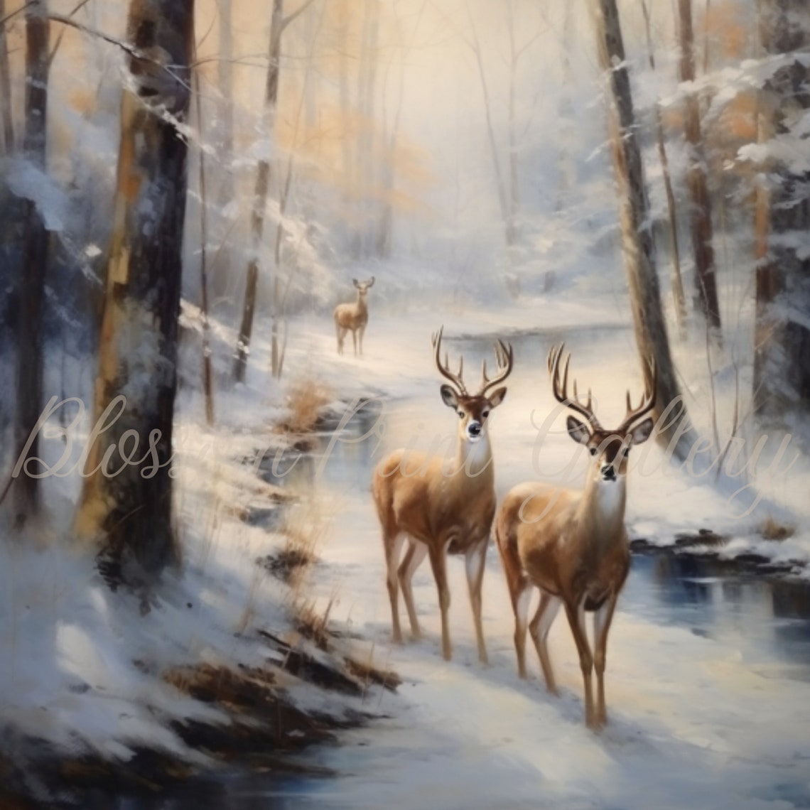 Whitetail Deer Bucks By Winter Stream Snowy Forest Painting Poster - Image 4