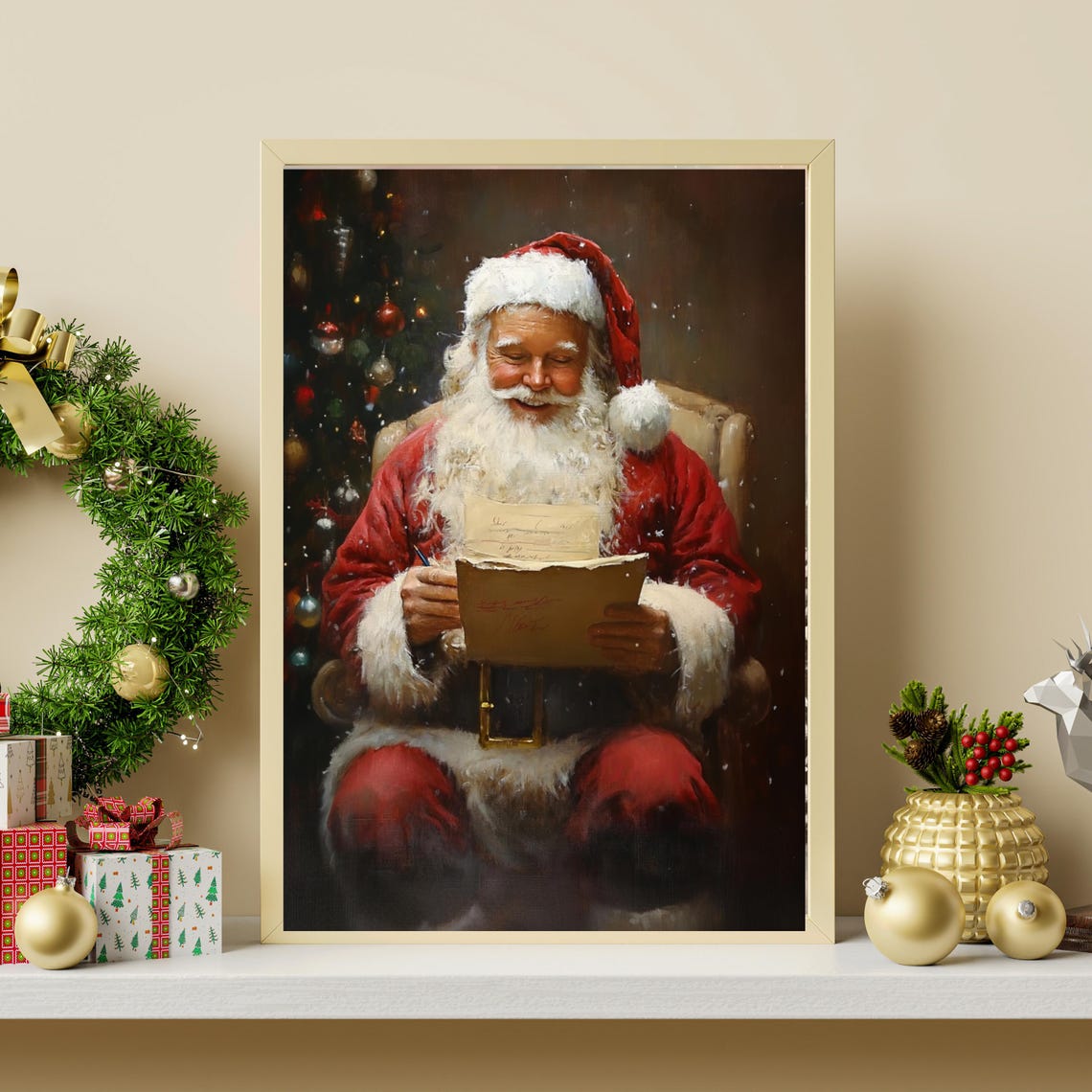 Vintage Christmas Wall Art Santa Reading Book Winter Holiday Art Christmas Oil Painting Cottagecore Decor Santa Claus Print 760 - Image 3