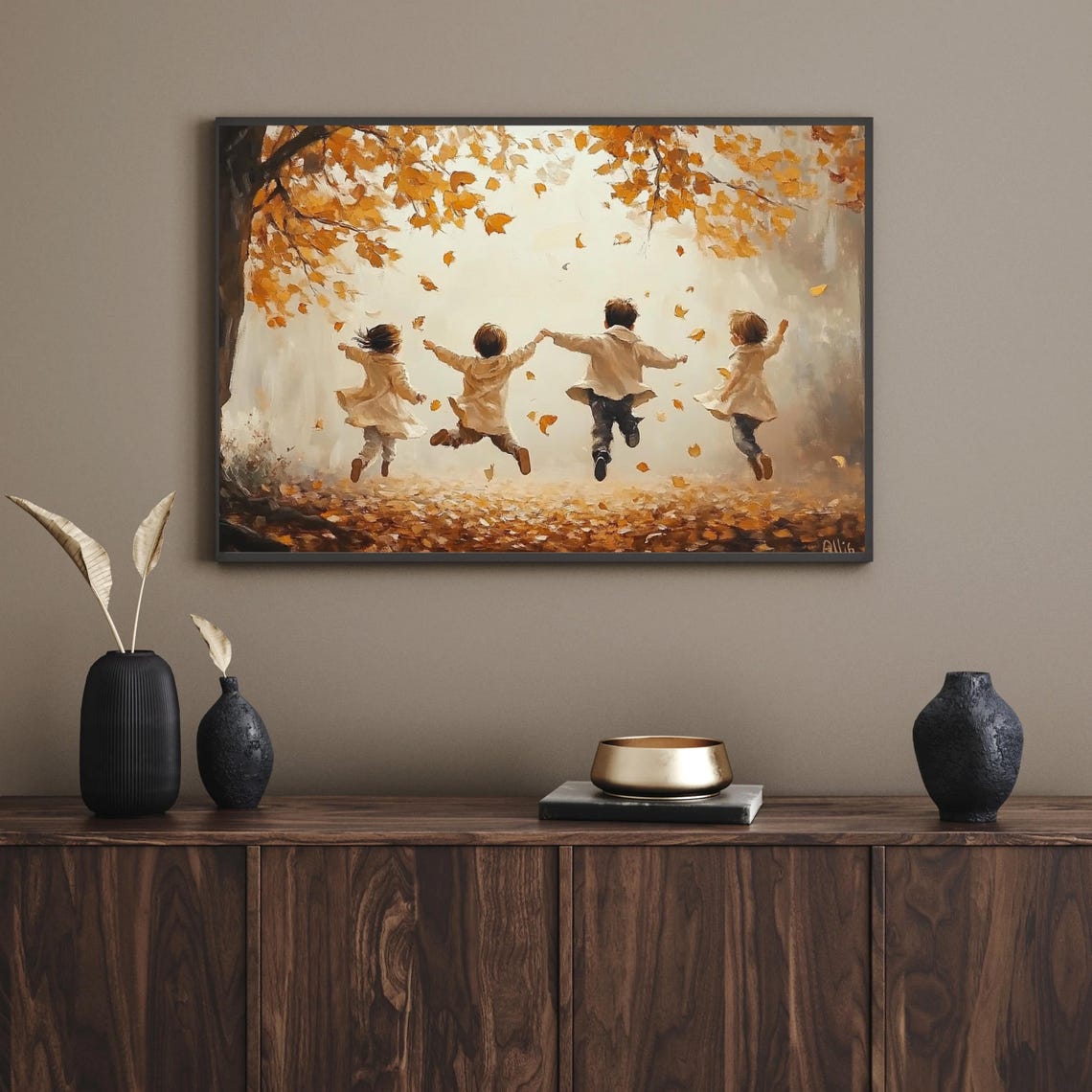 Children Running Through Falling Autumn Leaves Joyful Fall Poster - Image 3