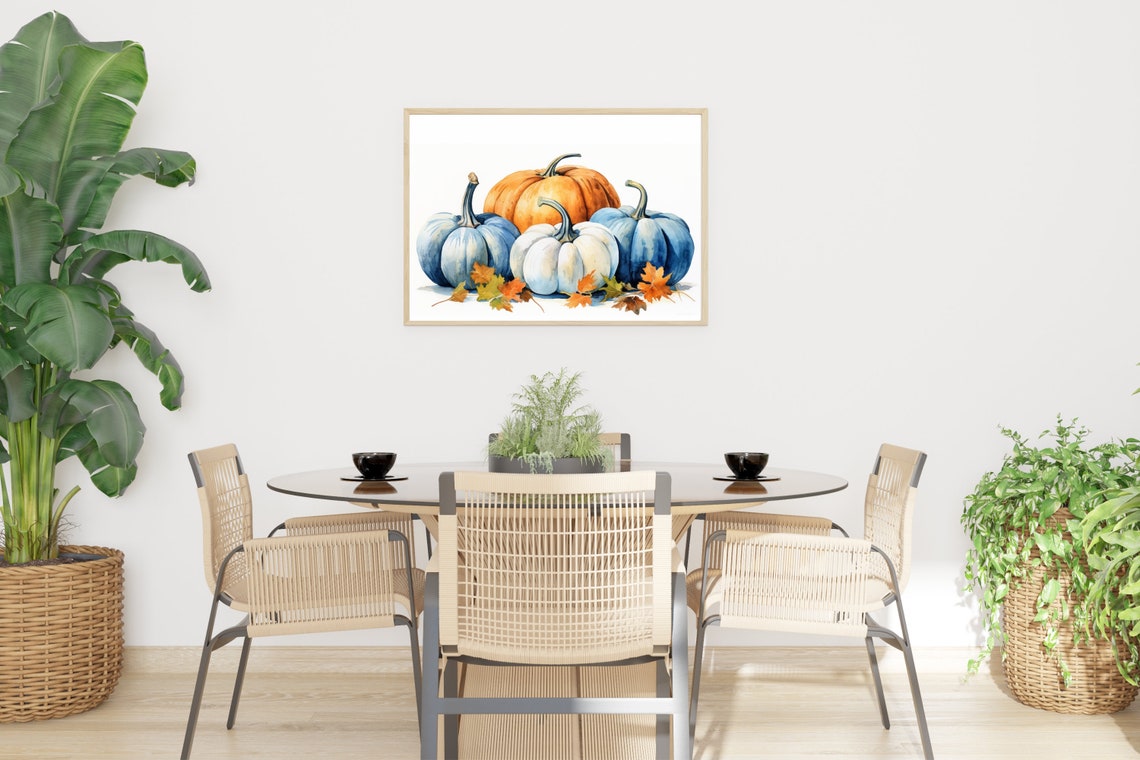 Watercolor Blue White And Orange Pumpkins Autumn Leaves Poster - Image 3