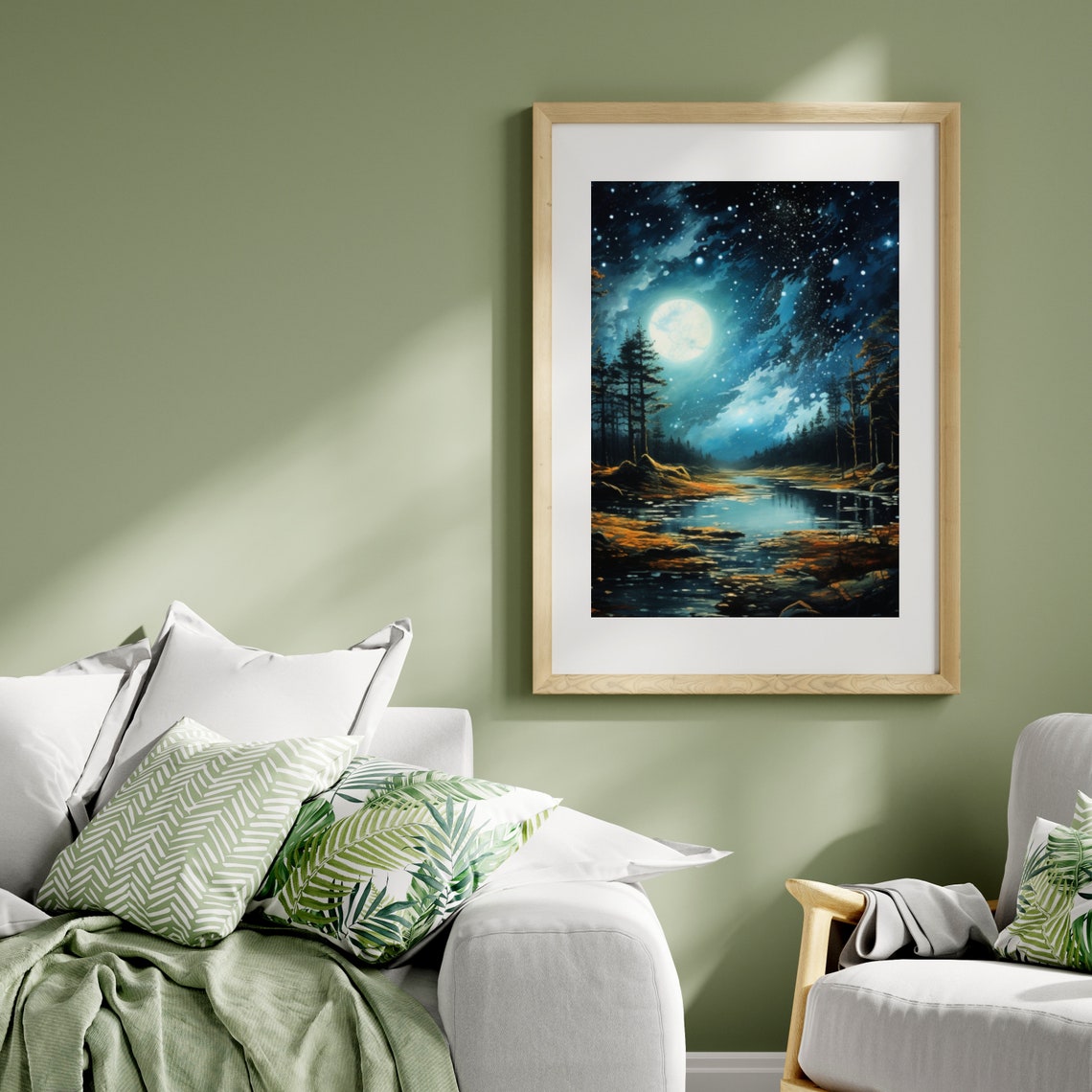 Starry Night Sky over a Moonlit River Forest Landscape Poster - Image 4