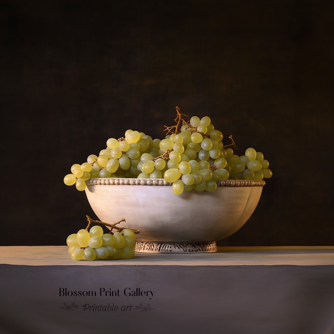 Green Grapes In White Ceramic Bowl Dark Background Still Life Poster - Image 4