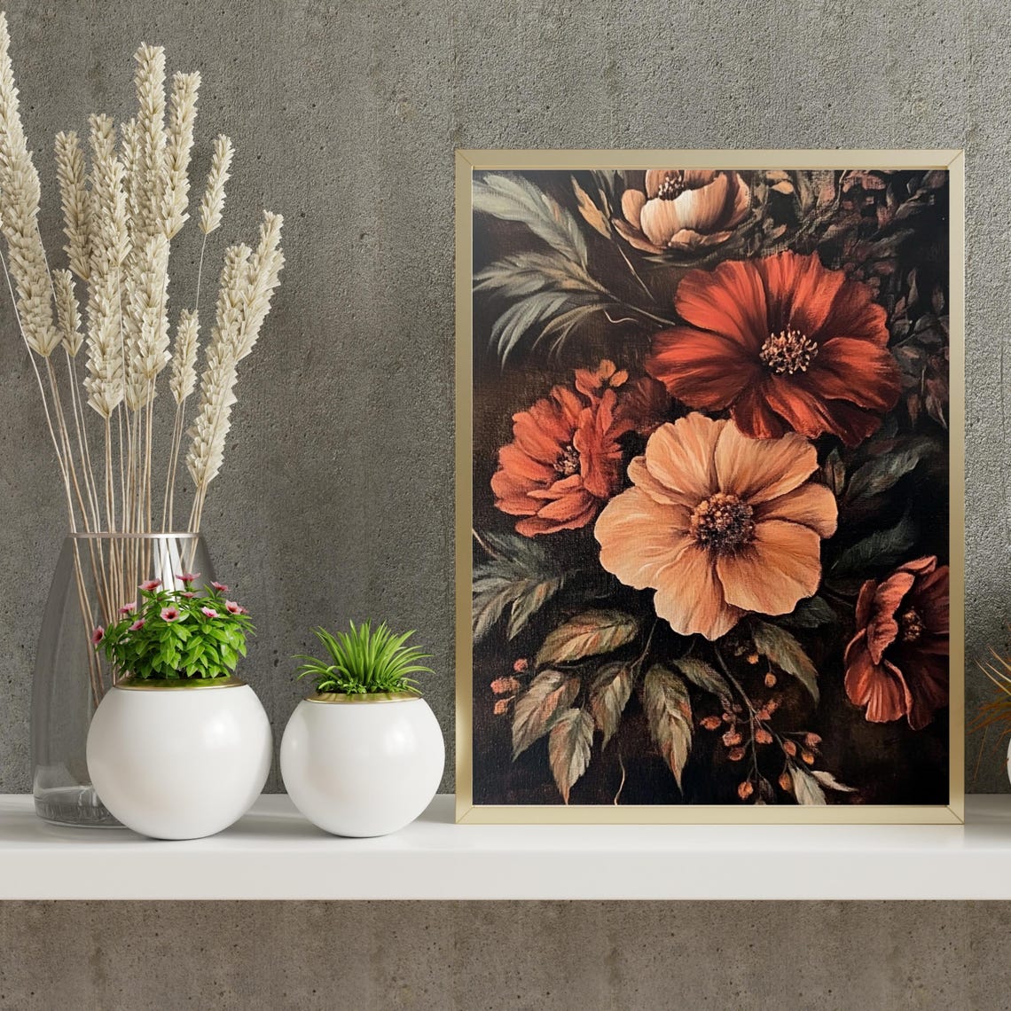 Moody Dark Floral Painting with Burnt Orange Blooms Vintage Art Poster - Image 4