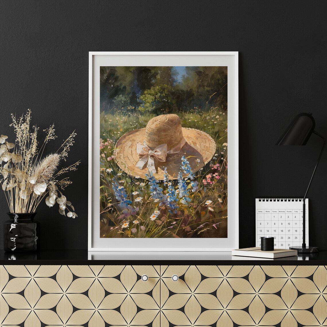 Straw Hat Resting in Summer Wildflower Meadow Vintage Oil Painting Poster - Image 2