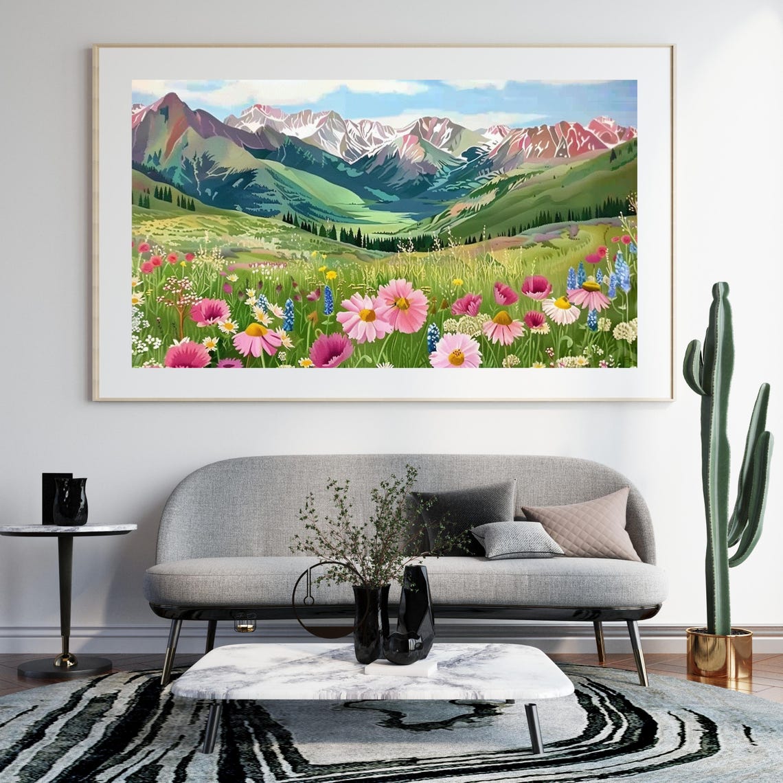 Alpine Wildflower Meadow Pink Daisy Mountain Landscape Art Poster - Image 6