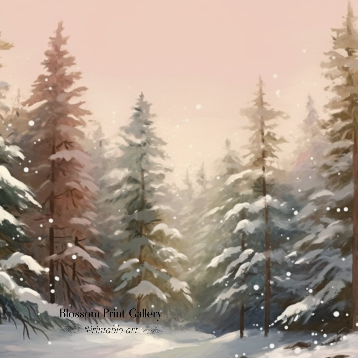 Snowy Pine Forest At Blush Pink Dusk In Falling Snowfall Print - Image 3