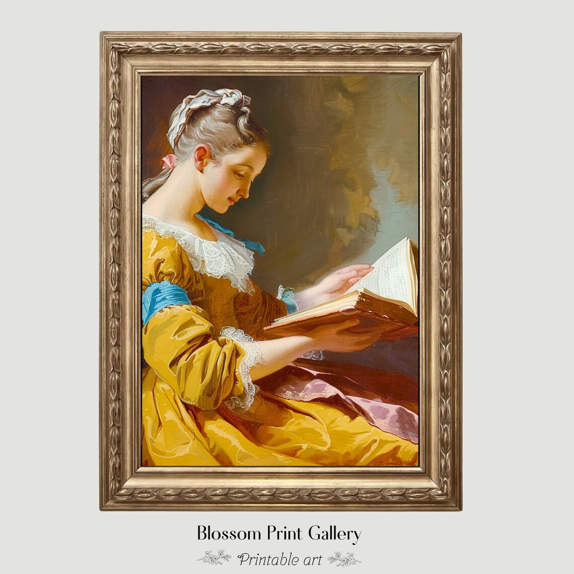 Elegant Woman Reading Book In Yellow Dress Classic Painting Poster