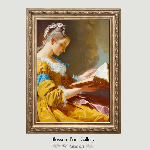 Elegant Woman Reading Book In Yellow Dress Classic Painting Poster