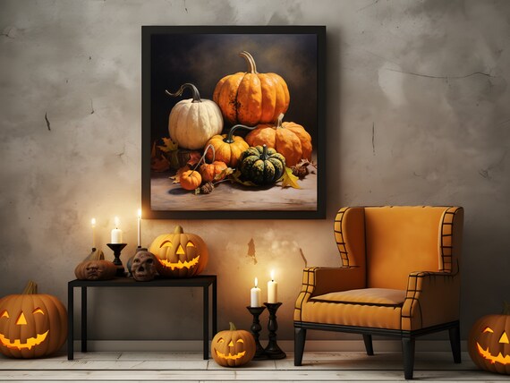Pumpkin And Gourd Still Life Painting On Dark Background Fall Poster