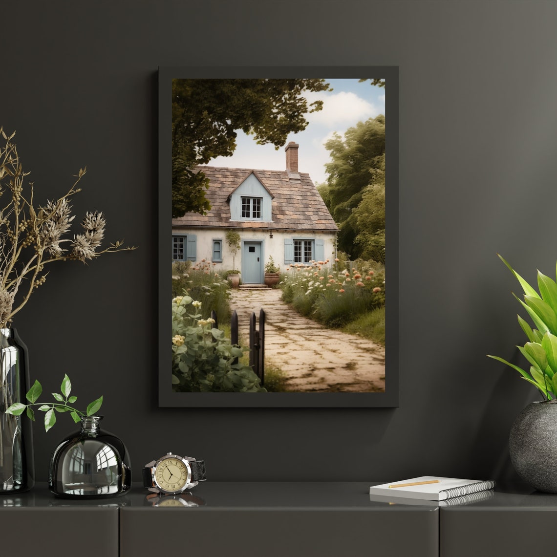 Whitewashed Cottage With Blue Shutters And A Flower Garden Path Print - Image 5