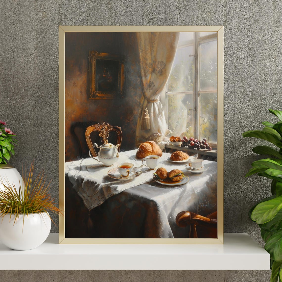 Vintage Tea Table with Croissants and Tea by Sunlit Window Poster - Image 4