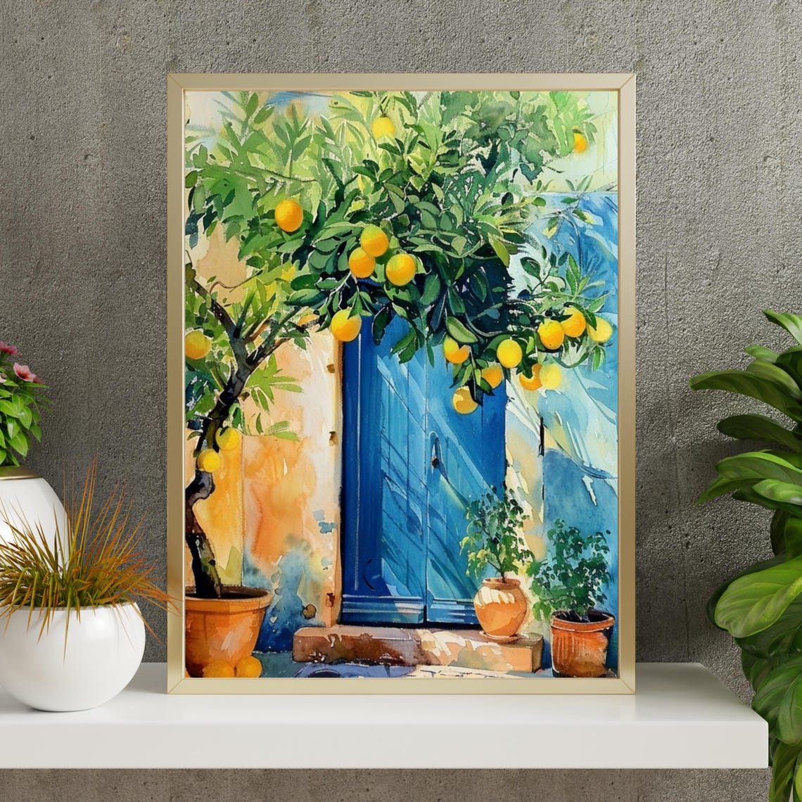 Lemon Tree Watercolor with a Bright Blue Mediterranean Door Wall Art - Image 4