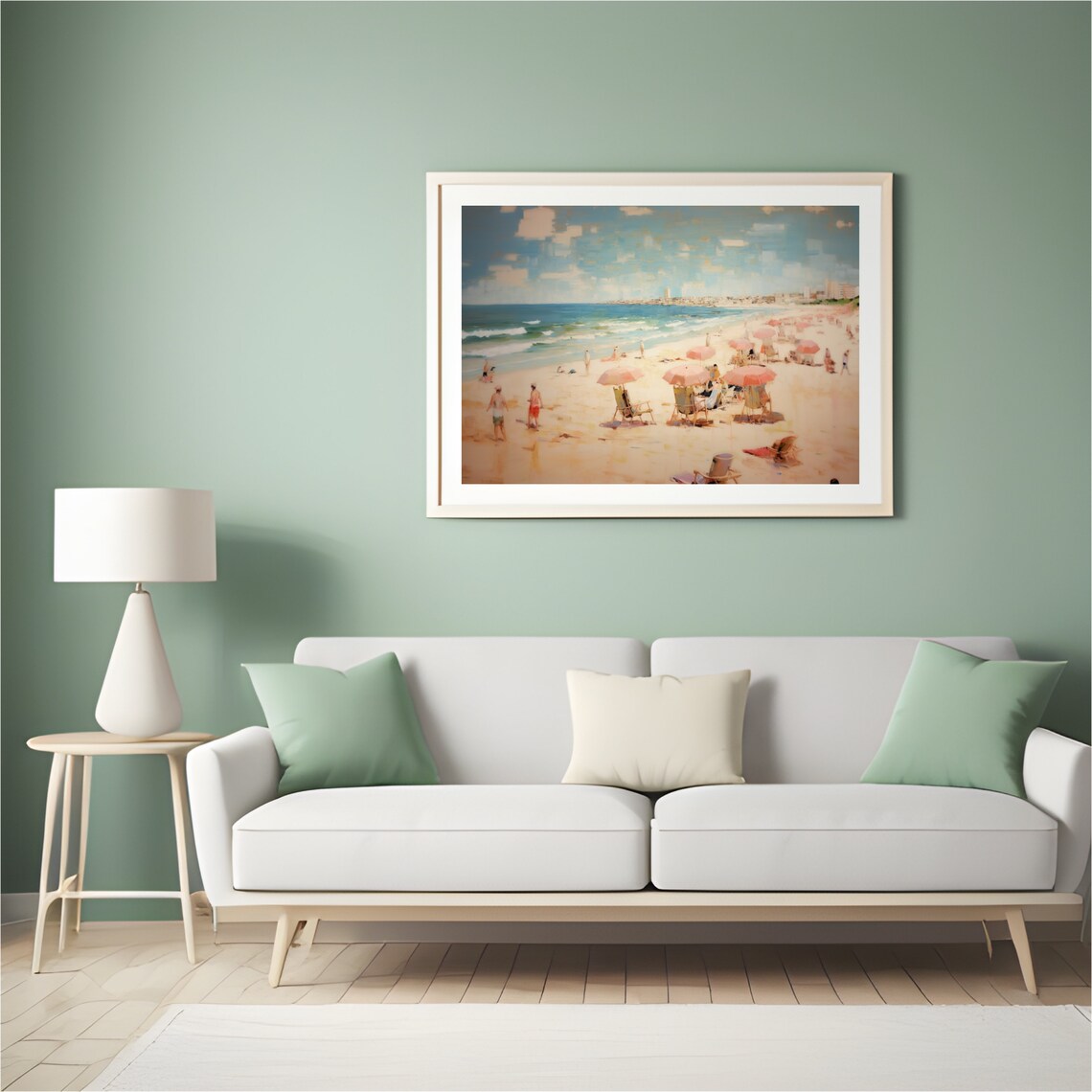 Busy Sandy Beach With Coral Umbrellas And Beach Chairs In Summer Print - Image 4