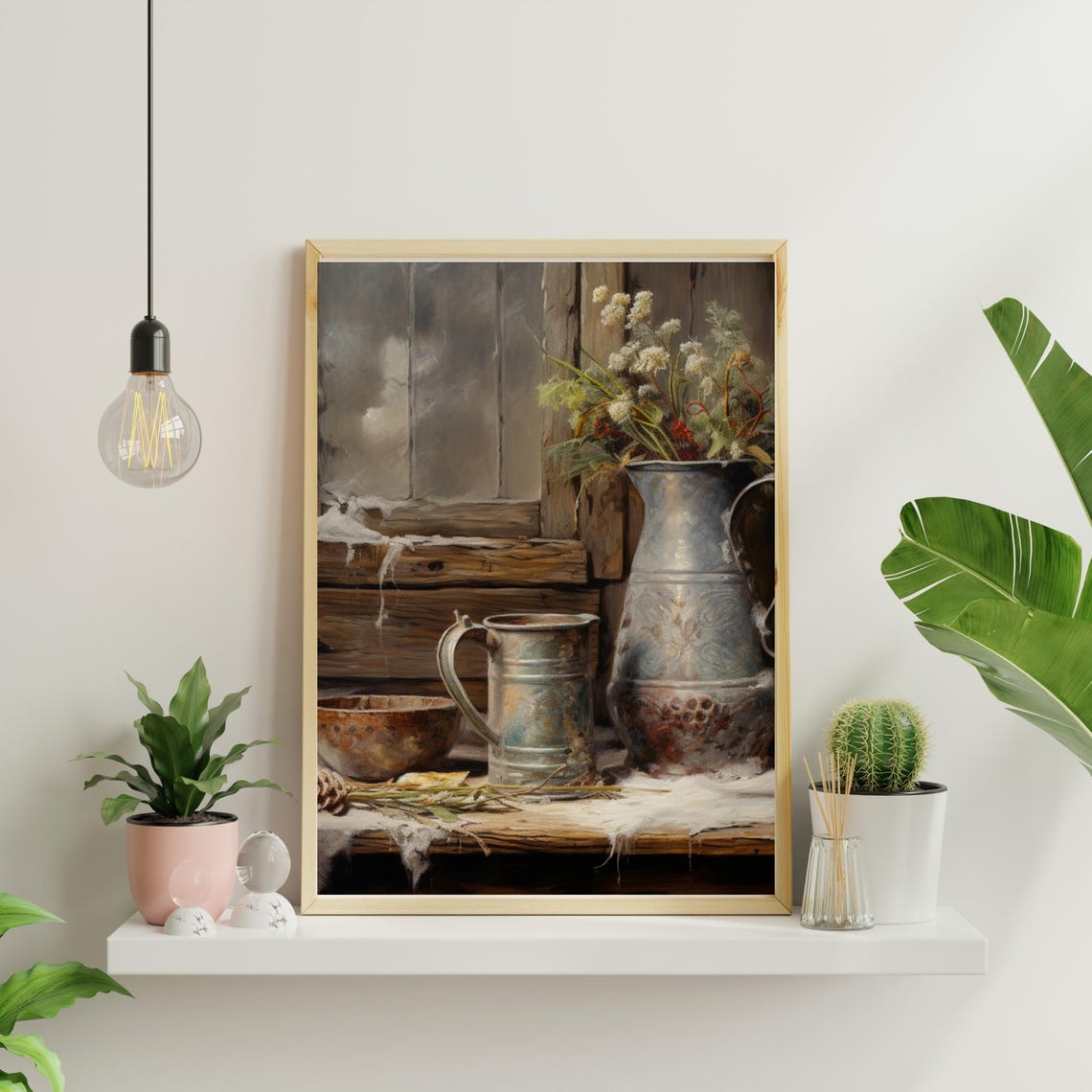 Weathered Metal Pitchers With Wildflowers On A Snowy Ledge Print - Image 4