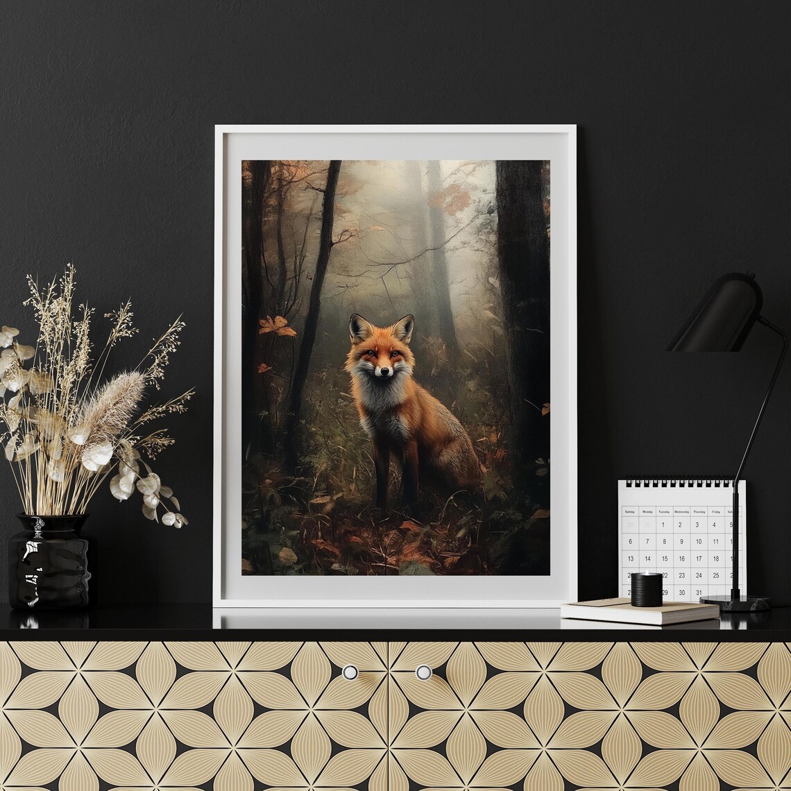 Red Fox Standing in a Misty Autumn Forest Wildlife Portrait Wall Art - Image 3