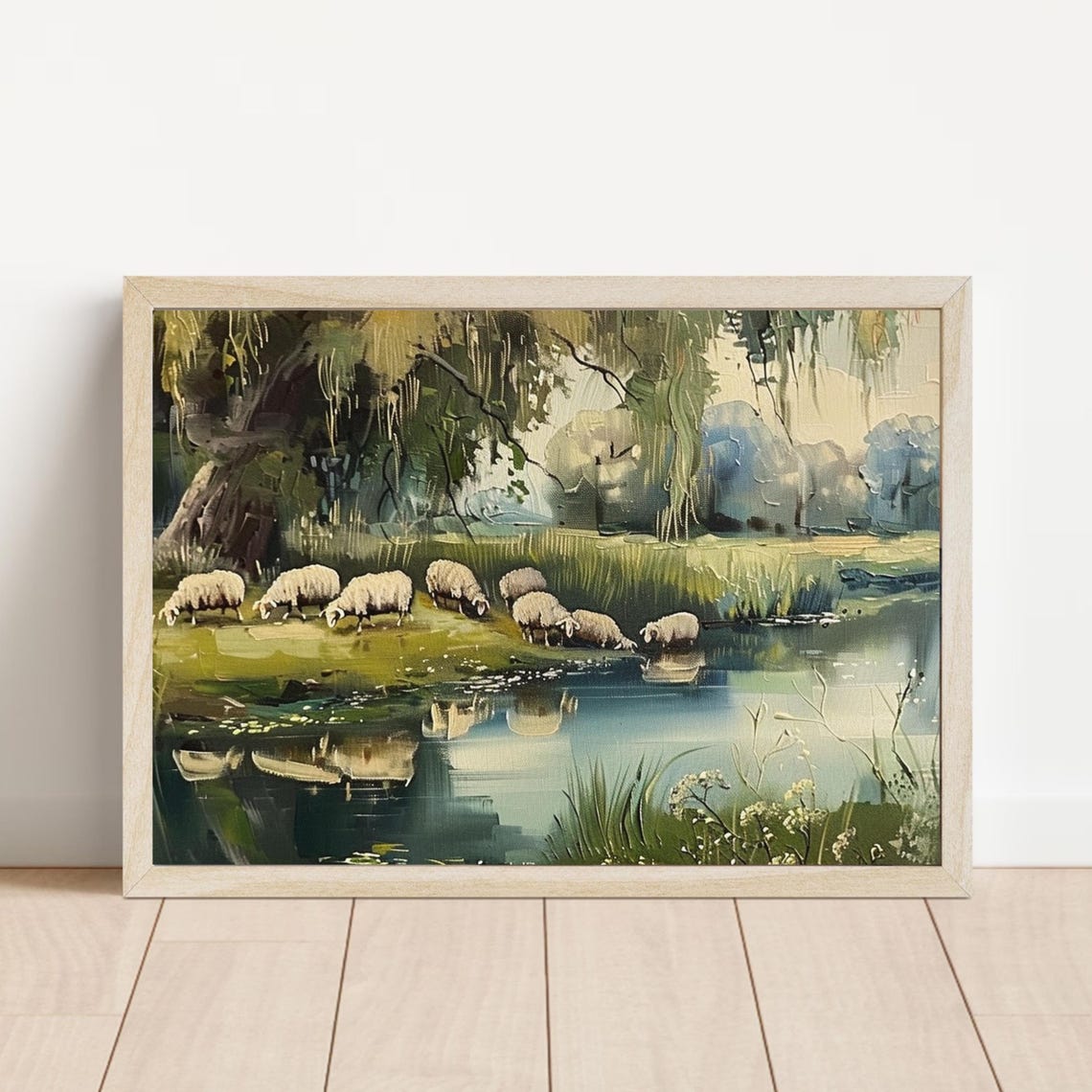 Peaceful Sheep Grazing By Pond Pastoral Oil Landscape Poster - Image 2