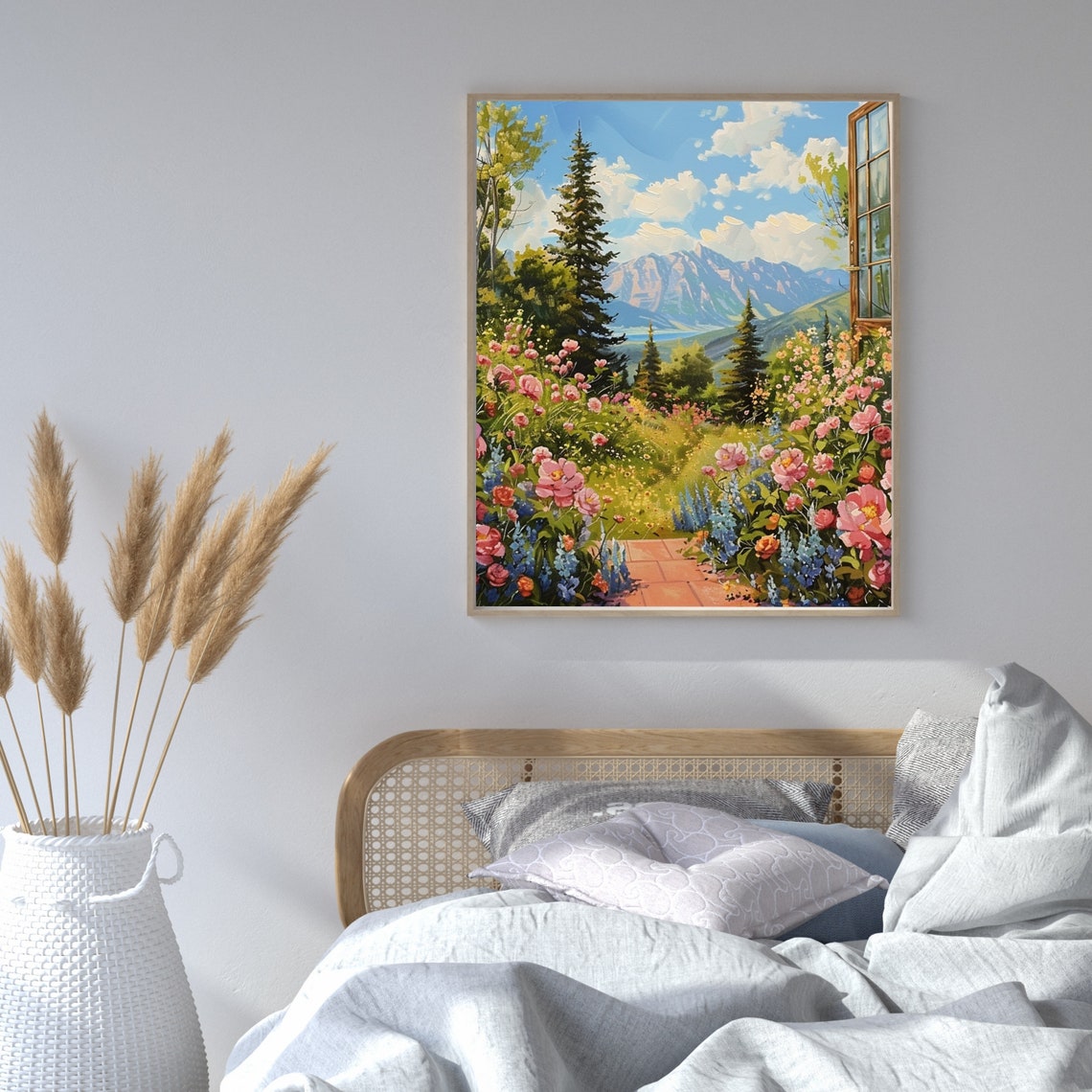 Garden Window Mountain View Pink Peony Summer Landscape Poster - Image 2