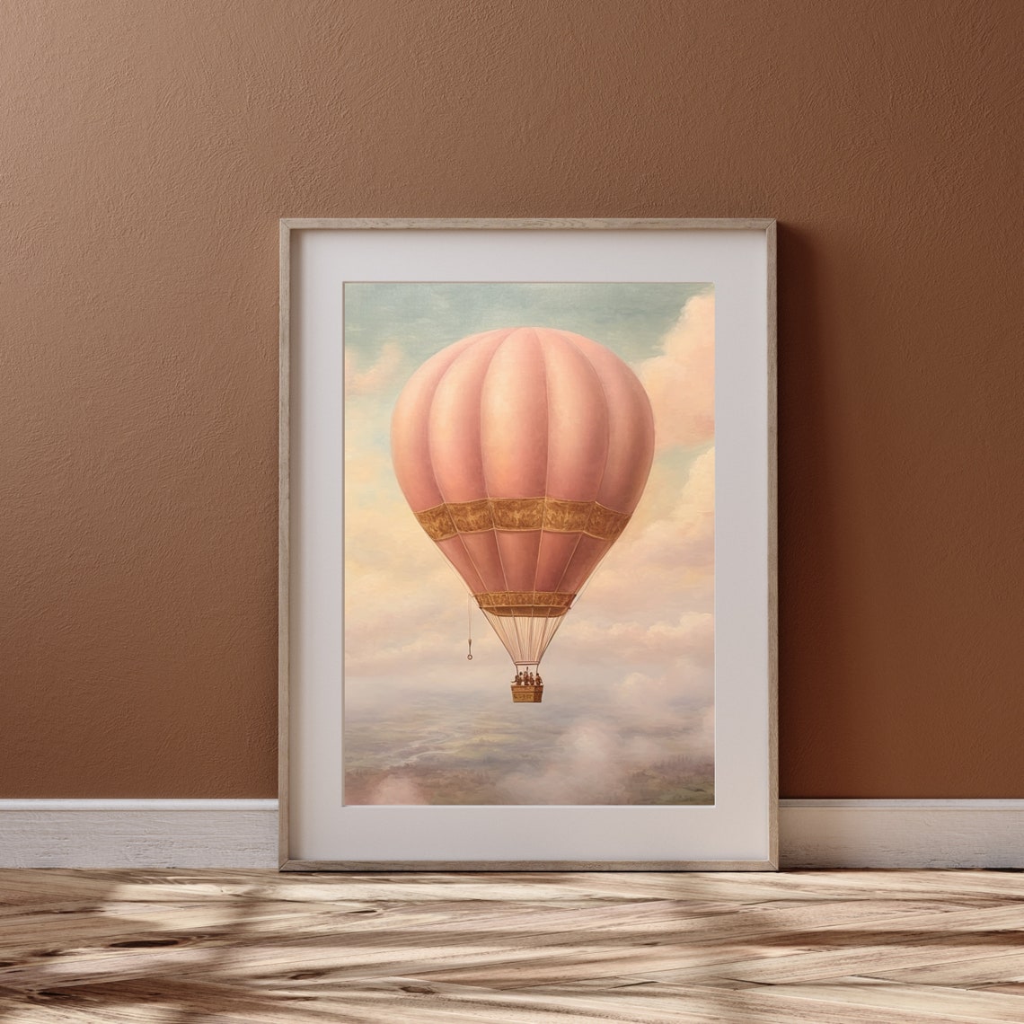 Pink Vintage Hot Air Balloon in Pastel Clouds Painting Poster - Image 3