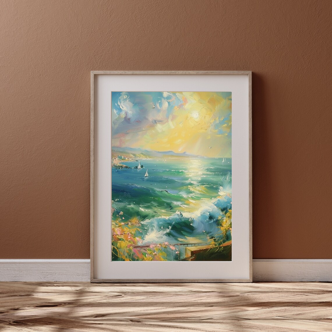 Sunlit Seascape with Sailboats Mediterranean Coastal Oil Painting Poster - Image 2