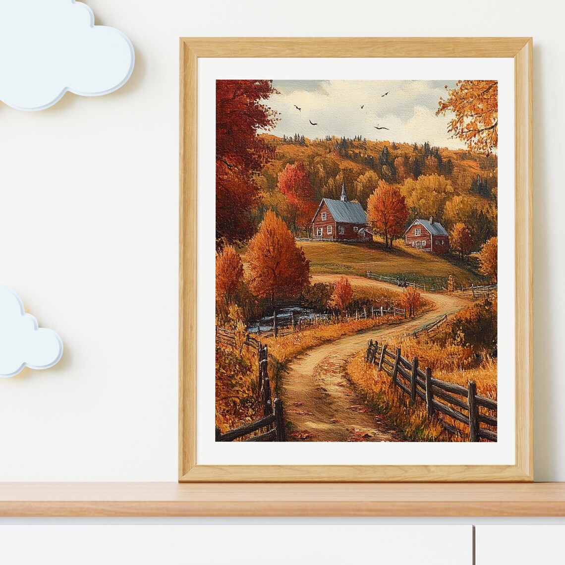 Autumn Farm Landscape with Red Farmhouse and Country Road Poster - Image 3