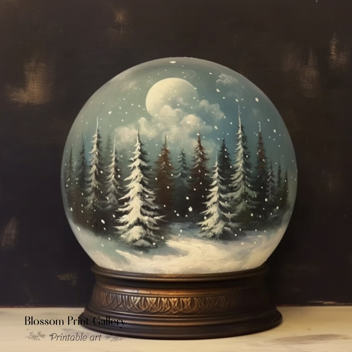 Moody Moonlit Pine Forest Christmas Snow Globe Painting Poster - Image 3