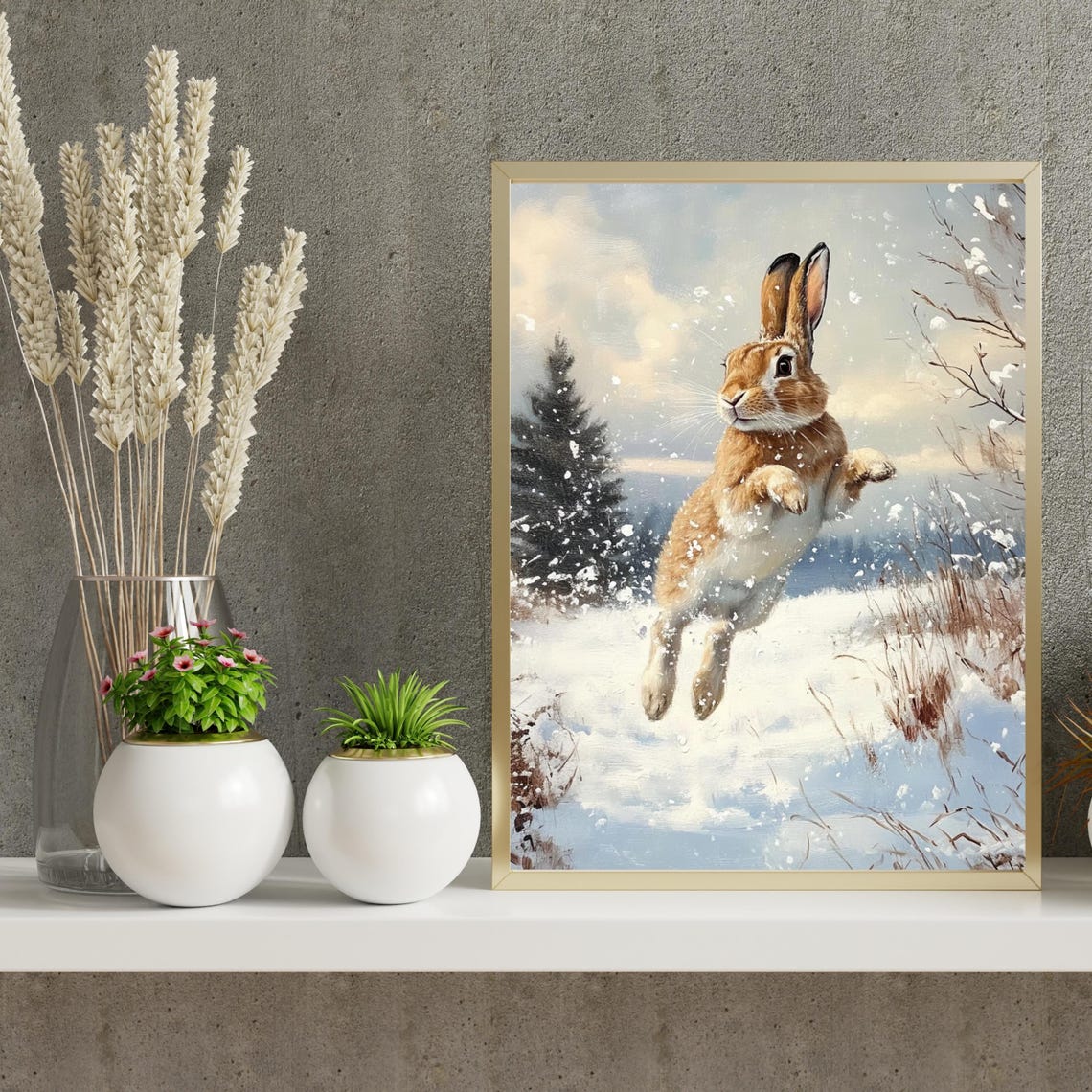 Leaping Rabbit In Falling Snow Winter Wildlife Painting Poster - Image 6