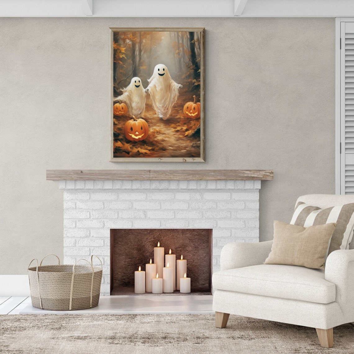 Cute Ghosts with Jack O Lanterns in Autumn Forest Painting Poster - Image 6