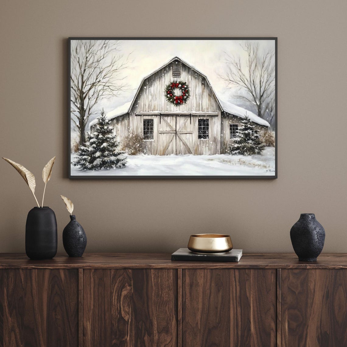 Snowy White Barn Christmas Wreath Winter Farm Painting Poster - Image 4