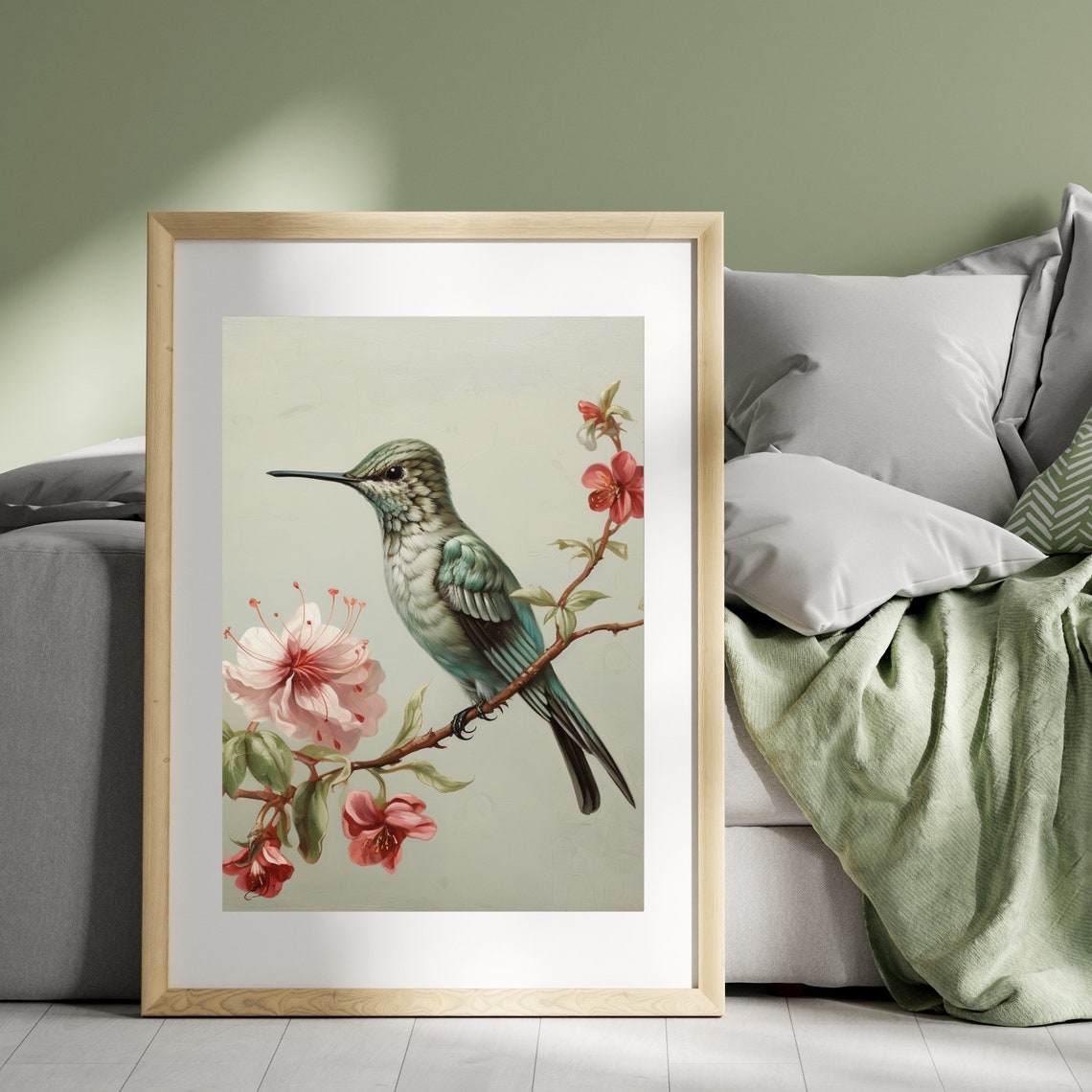 Green Hummingbird Perched on a Blossom Branch Vintage Bird Wall Art - Image 4