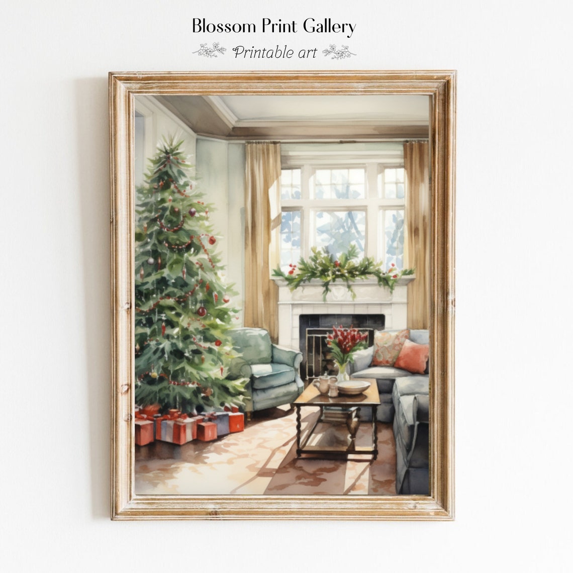 Cozy Christmas Living Room With Tree Fireplace Watercolor Poster