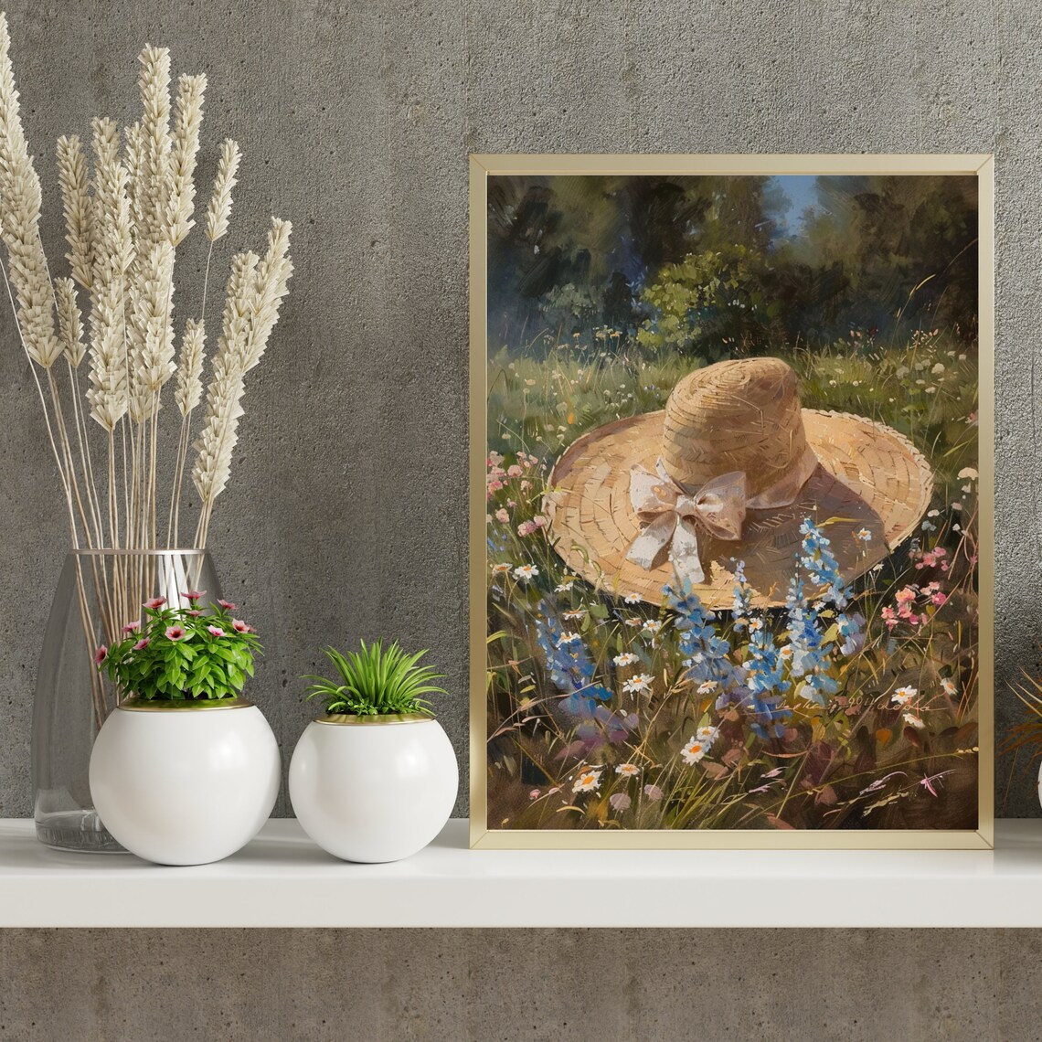 Straw Hat Resting in Summer Wildflower Meadow Vintage Oil Painting Poster - Image 4