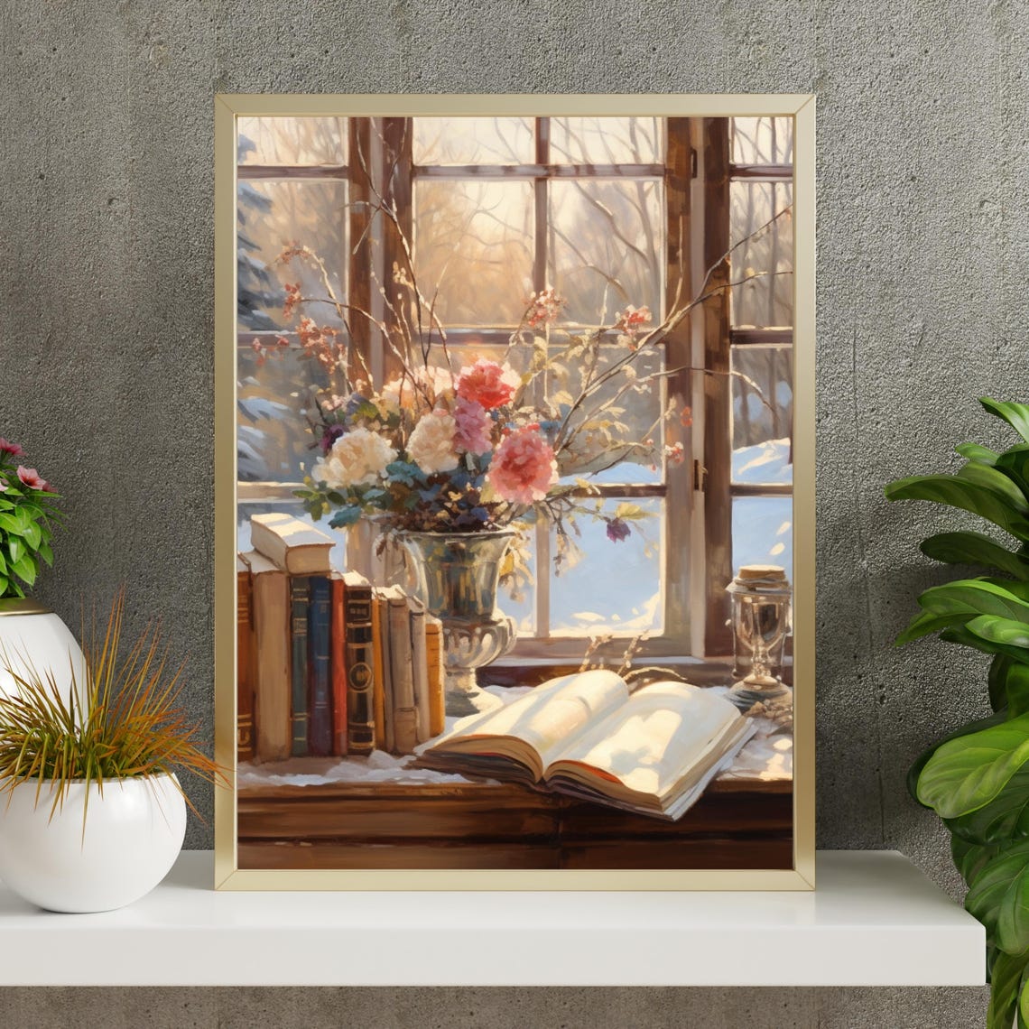Winter Window Still Life with Books and Flowers Painting Poster - Image 4