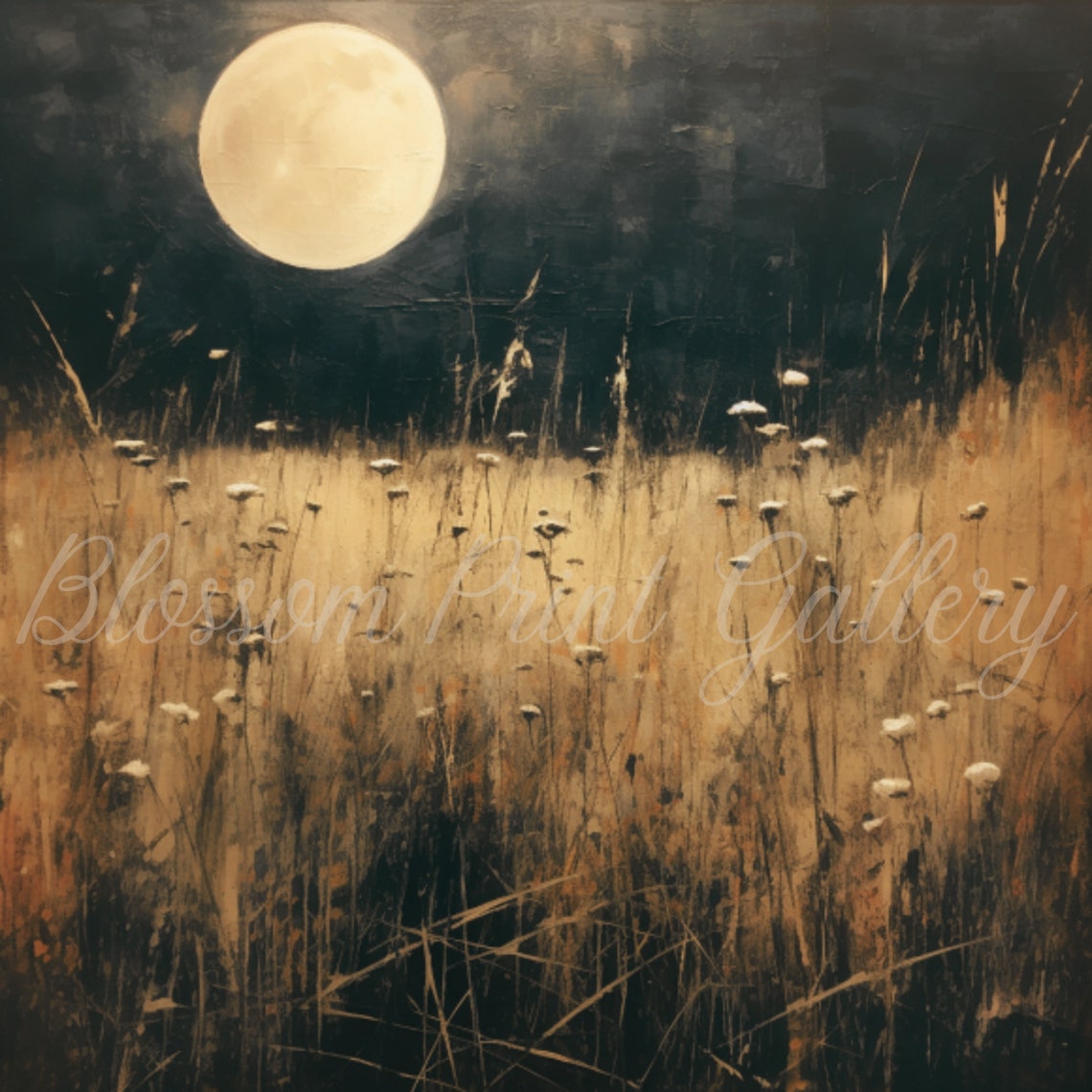 Full Moon Over Golden Meadow Vintage Night Sky Oil Painting Poster - Image 3