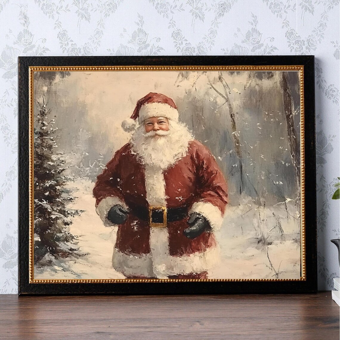 Vintage Santa Claus Walking Snowy Winter Forest Oil Art Poster - Image 2