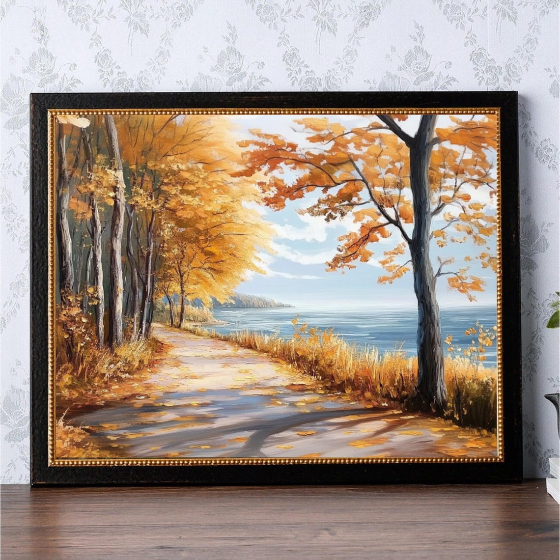 Autumn Path Along Blue Lake Orange Trees Fall Foliage Landscape Poster - Image 3