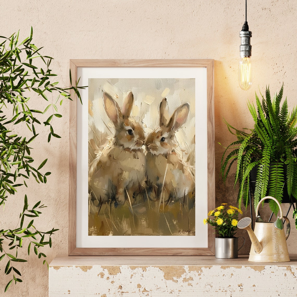Two Cute Rabbits in Grass Impressionist Bunny Painting Nursery Poster - Image 4