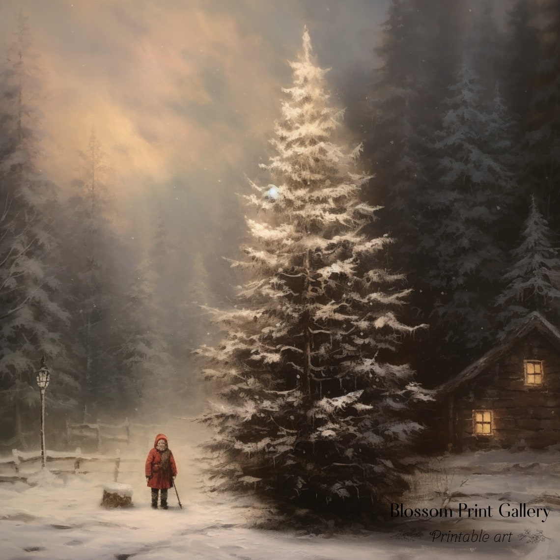 Child in Red Coat by Snowy Pine at Dusk Vintage Christmas Poster - Image 3
