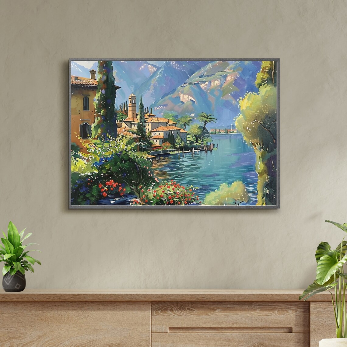 Sunny Italian Lake Town with Cypress Trees Watercolor Poster - Image 2