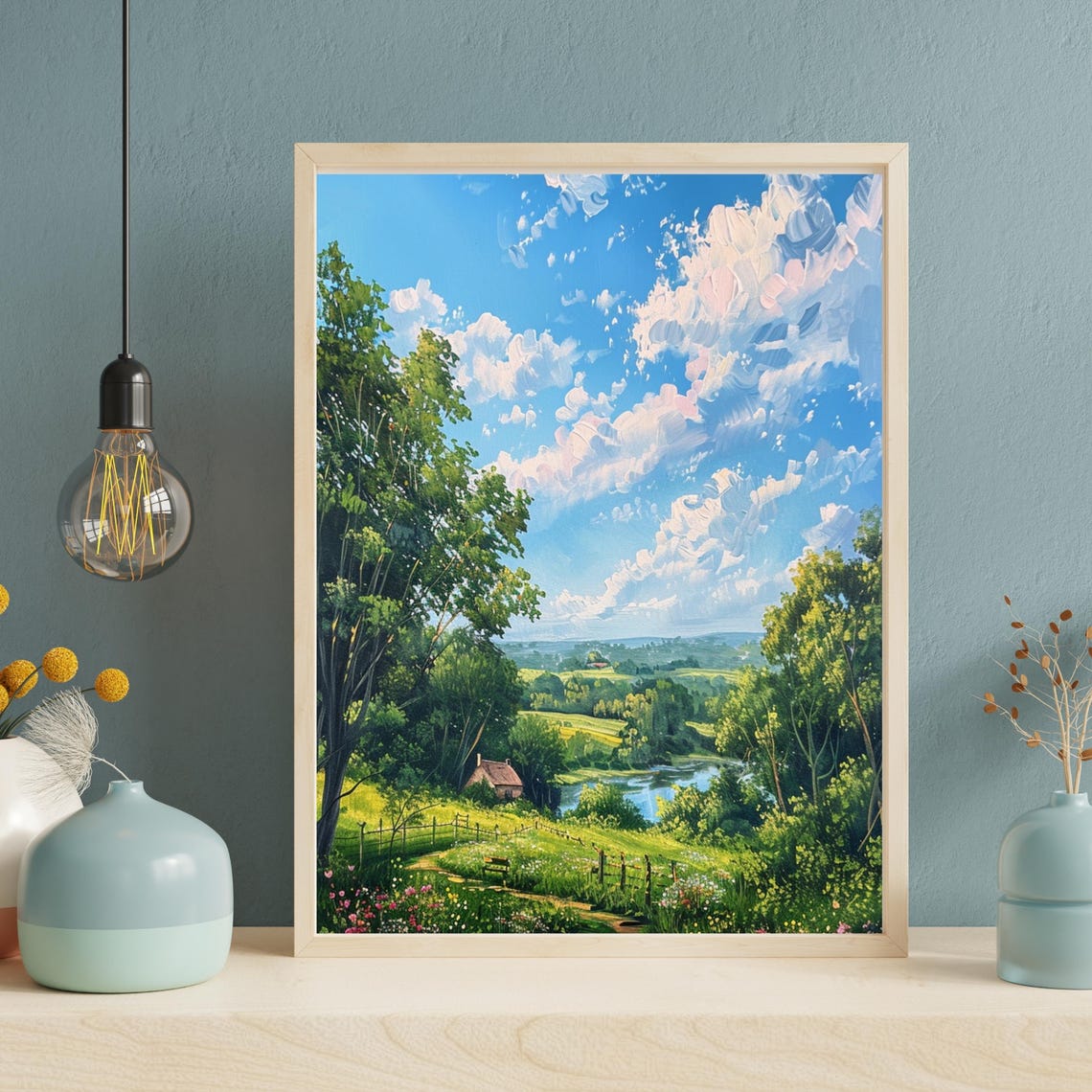 Sunny Countryside Pond Cottage Dramatic Clouds Landscape Poster - Image 2