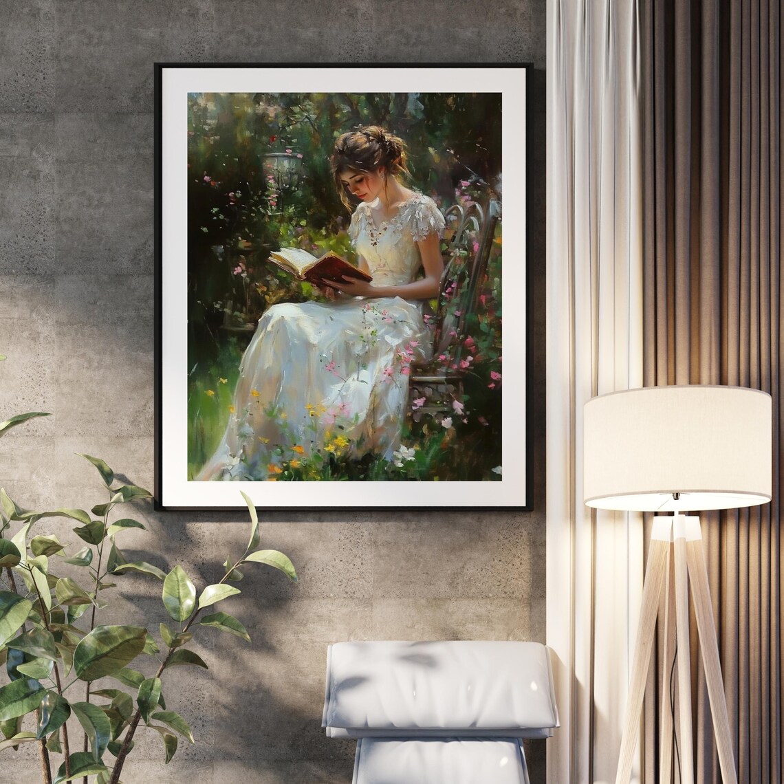 Woman Reading Garden White Dress Impressionist Painting Poster - Image 2